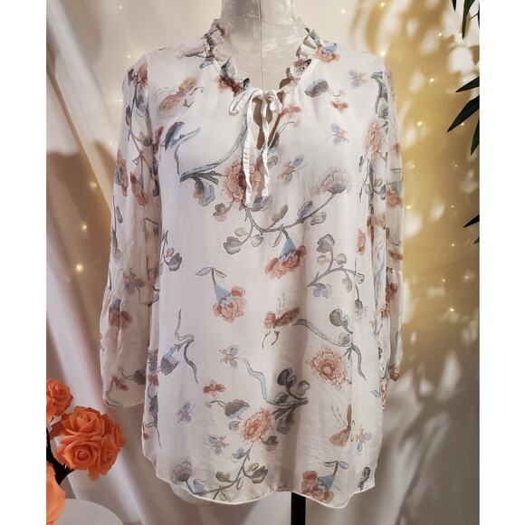 Angela Moda Silk Floral Ruffle Keyhole Bell Sleeve Blouse Top Size L Italy Made - Picture 1 of 12